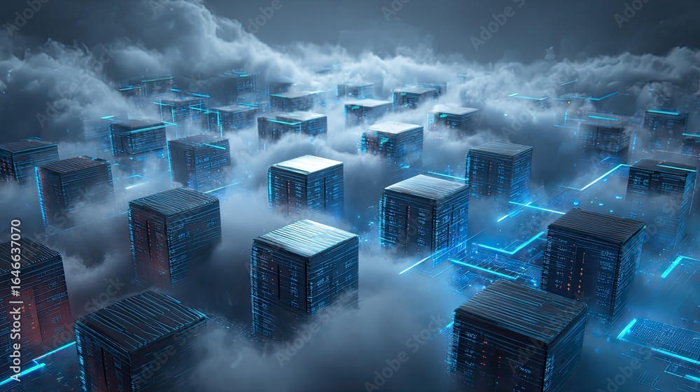 Poster immersive digital cityscape with glowing blue server stacks in ethereal clouds, representing futuris