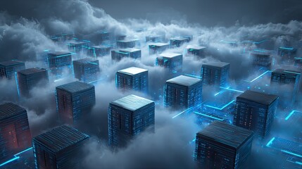 Immersive digital cityscape with glowing blue server stacks in ethereal clouds, representing futuristic data centers and advanced technology.