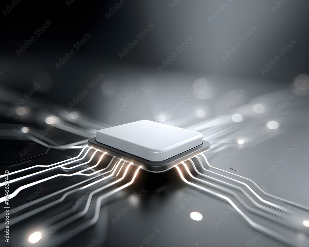 Poster abstract artificial intelligence chip with glowing data visualization patterns, clean background, co