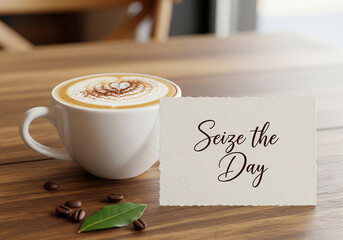 Motivational 'Seize the Day' message with a fresh cup of cappuccino on a wooden table