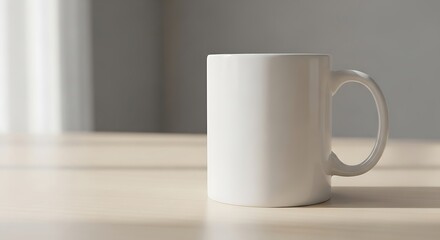Fototapeta premium White Mug on Wooden Table, Mockup for Branding, Minimalist Scene, A Clean Mockup of a White Mug on a Table, Perfect for Displaying Your Brand's Logo