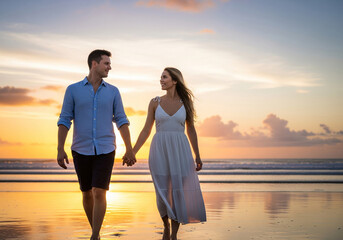 Romantic young couple holding hands and walking on a tropical beach at sunset