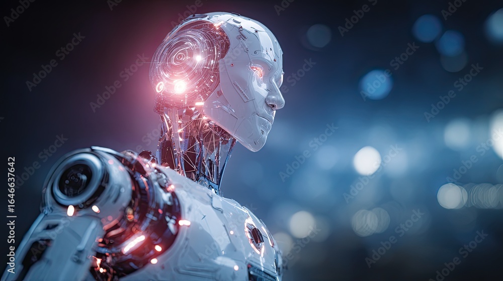 Poster advanced humanoid robot with glowing red eyes and intricate internal circuitry, showcasing futuristi