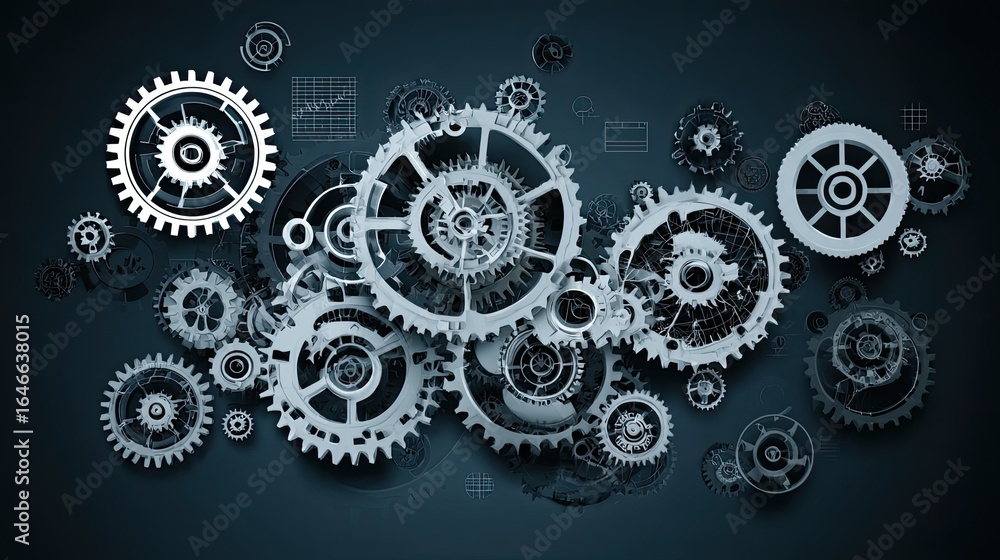 Poster intricate network of interlocking gears symbolizing complex systems, industrial progress, and mechan