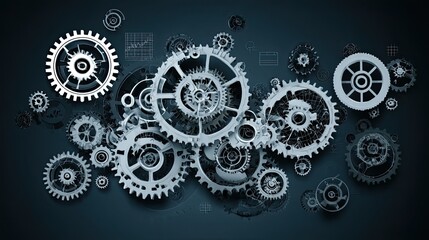 Intricate network of interlocking gears symbolizing complex systems, industrial progress, and mechanical engineering brilliance in a modern, abstract design