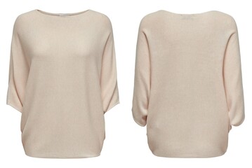 Female beige knitted sweater on white background, top view, with flat lay. Fashion Lady Clothes...