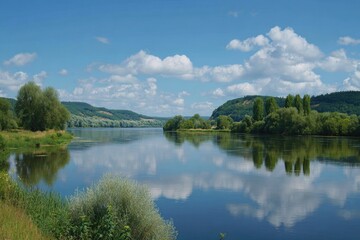 Obraz premium Serene river landscape, reflections of clouds