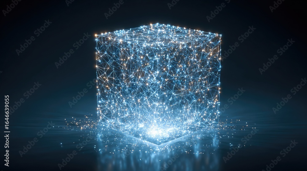Poster dynamic digital cube formed by glowing interconnected nodes and particles, symbolizing data, network