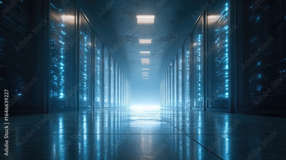 Poster immersive data center corridor with glowing blue server racks and reflective floor, symbolizing adva