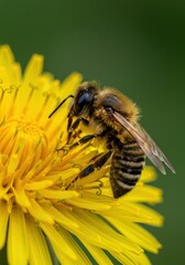 Closeup of a Bee on a Yellow Dandelion Flower
