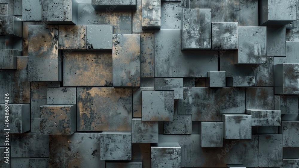 Poster abstract metallic geometric blocks in grey and gold. abstract artwork of 3d rendering art with geome