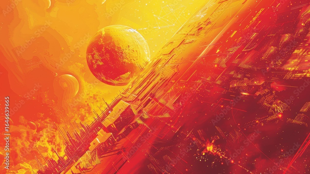 Poster futuristic digital art with glowing planet and grid. sci fi and space exploration theme. digital art