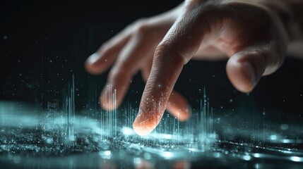 Close-up of hands interacting with a glowing, digital surface.  Data streams and light trails surround fingers.  Dark background