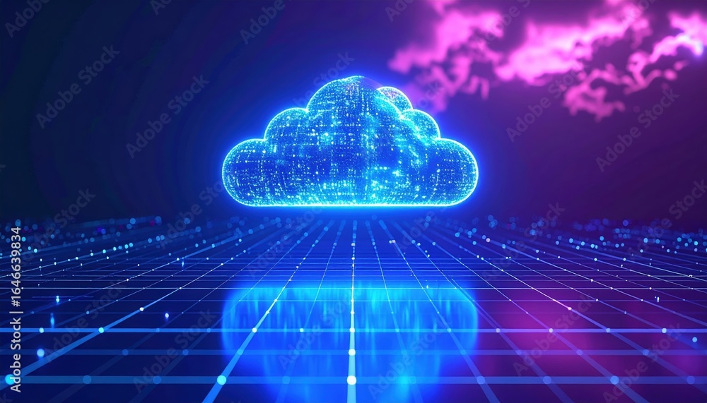 Poster a glowing 3d cloud hologram radiating violet and blue light floats above a reflective surface showca