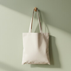A blank beige canvas tote bag hanging on a wooden hook against a light green wall with soft shadows.