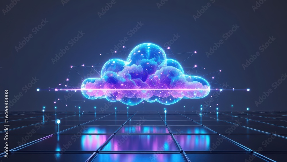 Poster a luminous 3d cloud hologram glows with violet and blue light above a reflective tech grid, showcasi