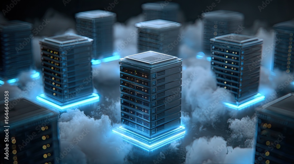 Aufkleber futuristic server racks glowing with bright blue light amidst ethereal clouds, representing advanced