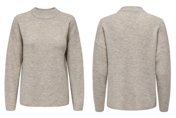 Female beige knitted sweater on white background, top view, with flat lay. Fashion Lady Clothes...