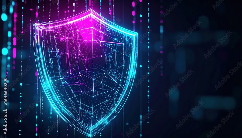 Poster a glowing 3d digital shield hologram displaying transparent layered structures radiating cyan light 