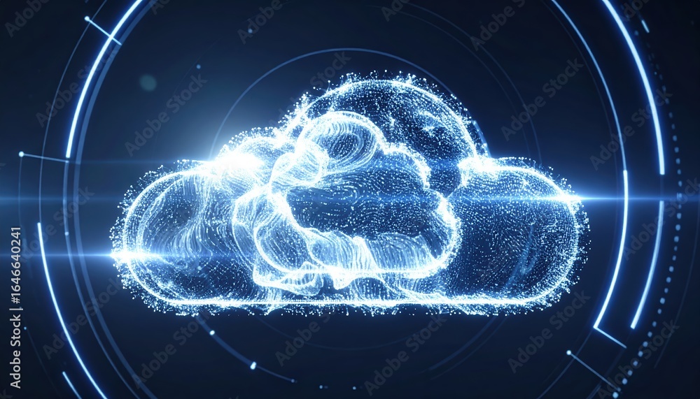 Poster futuristic cloud hologram floats in air, with digital mesh layers creating an abstract technology pr