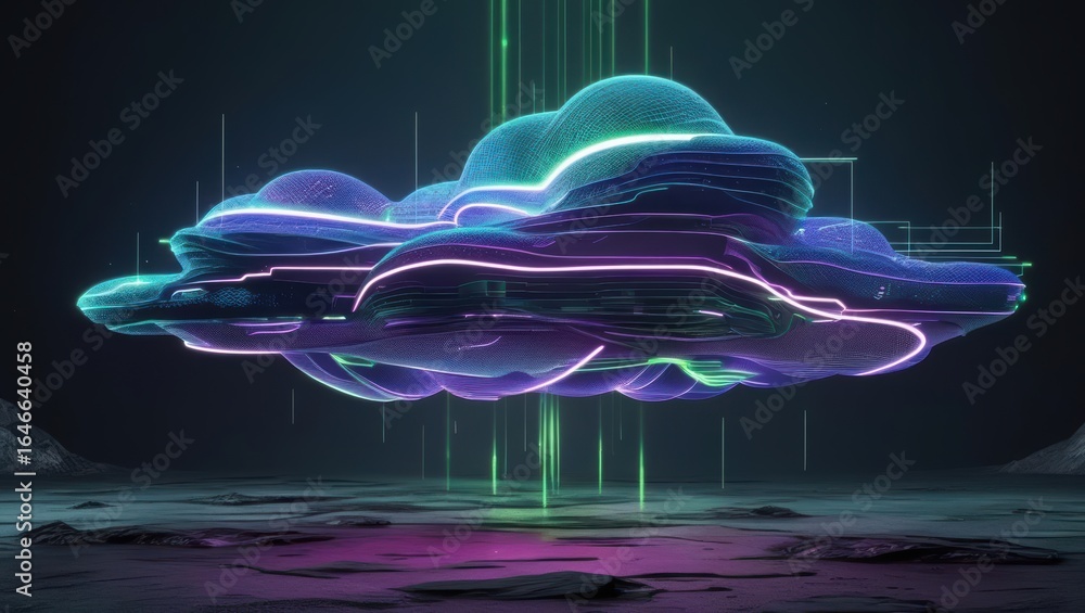 Poster an abstract futuristic cloud hologram floats above the ground with layered digital mesh textures and