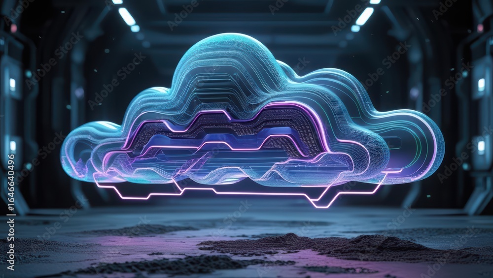 Poster an abstract futuristic cloud hologram floats suspended, displaying layered digital mesh textures, in