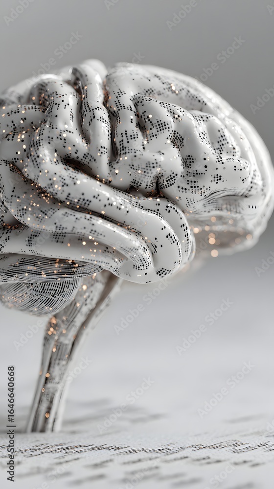 Poster abstract 3d brain made of glowing data points, surrounded by flowing binary code, clean white backdr
