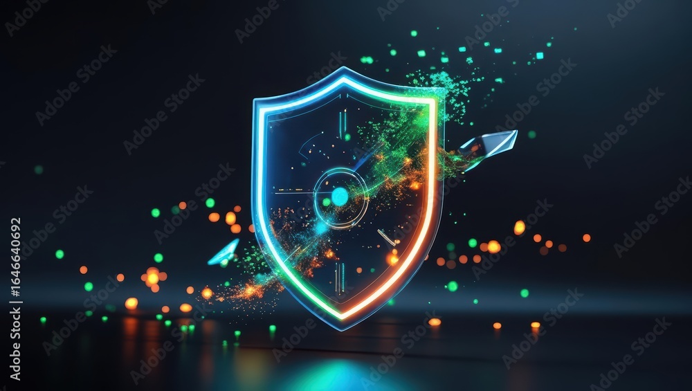 Poster abstract futuristic holographic shield icon emits neon light patterns as it levitates in space, symb