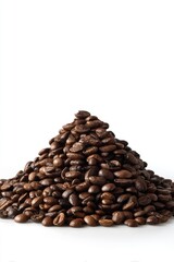 A conical pile of dark brown coffee beans against a plain white background