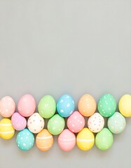 Pastel Easter eggs arranged in a gentle curve against a gray backdrop, leaving ample space above