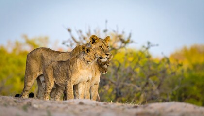 Naklejka premium Lions in a savanna landscape