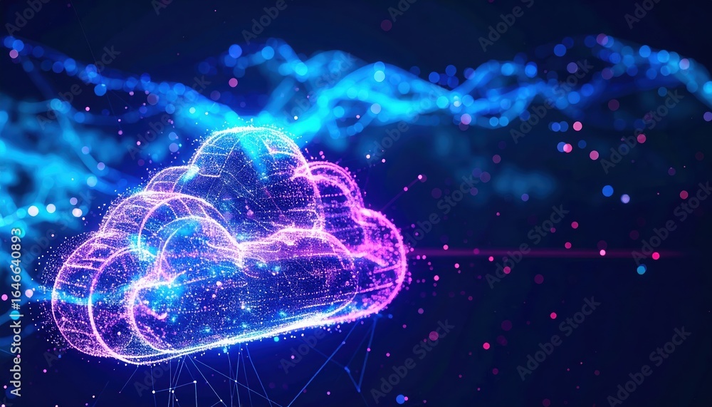 Aufkleber abstract holographic cloud glows intensely, floating in dark space amid dynamic light waves, creatin