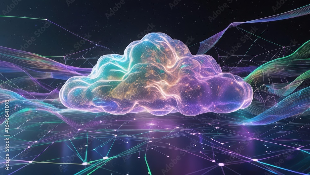 Poster abstract glowing holographic cloud drifts in the cosmos, illuminated by dynamic light waves and shim