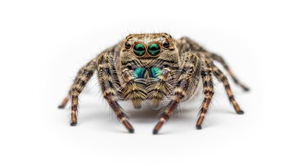 Cute jumping spider isolated on a white background. Macro photo of a small hairy arachnid with big green eyes and colorful fangs. Studio shot with copy space