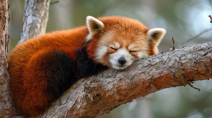 A sweet red panda napping peacefully on a tree branch in a serene forest setting.