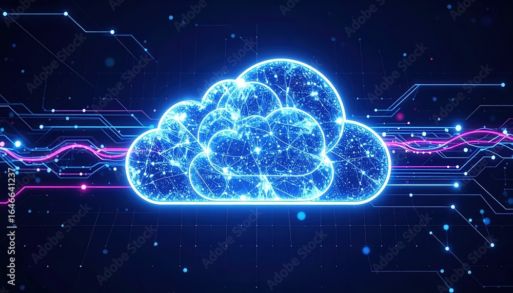 Poster futuristic digital cloud hologram floats above data streams, surrounded by glowing network connectio