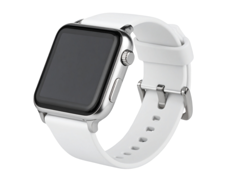  Angled Side View of Smart Watch with White Strap Buckled