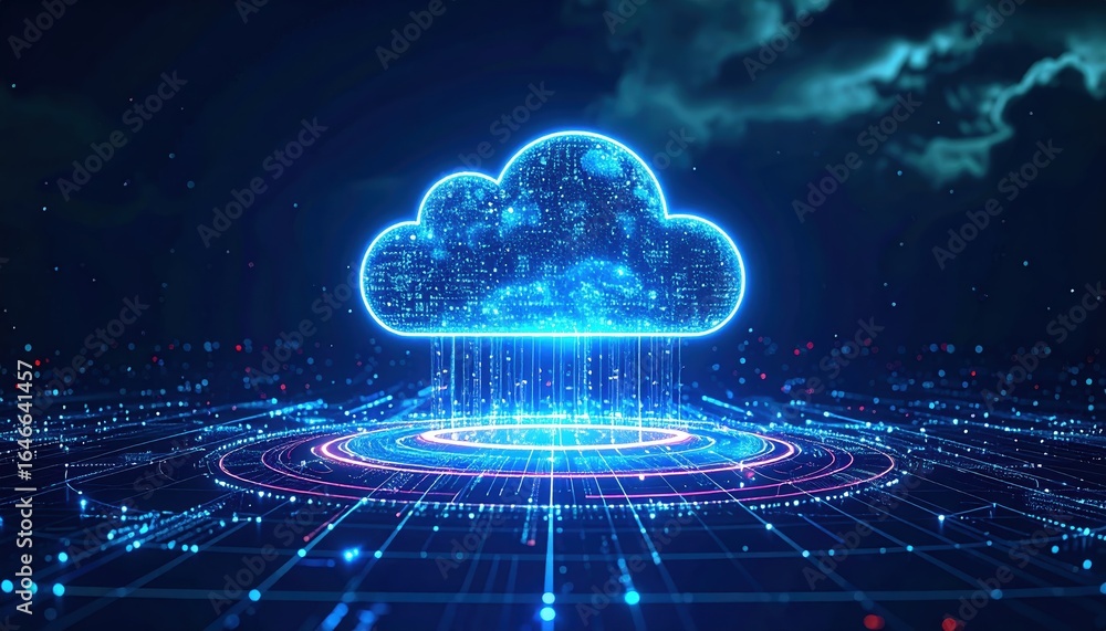 Poster futuristic digital cloud hologram floats above data streams, glowing with binary code in cyberspace,