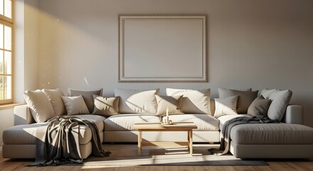 Sunlit Living Room with Modern Sofa and Artwork