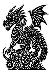 Steampunk Tribal Dragon Vector – Mechanical Fantasy Beast with Gears Black and White Tattoo Design