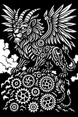 Steampunk Tribal Lion Hybrid – Mechanical Winged Beast with Gears Black and White Fantasy Tattoo Design