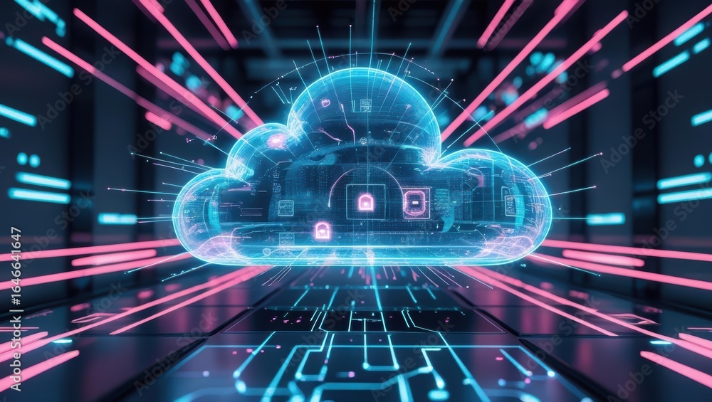 Poster a futuristic digital cloud hologram floats above data streams, emitting neon energy waves in a dark 