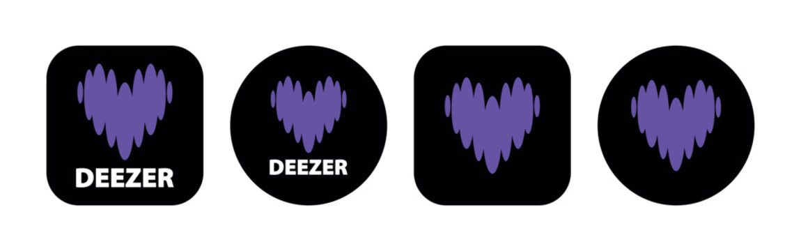 Deezer Music Streaming App Icon Set with Purple Heart Symbol in Square and Round Formats on Black Background for Digital and Mobile Interface Design