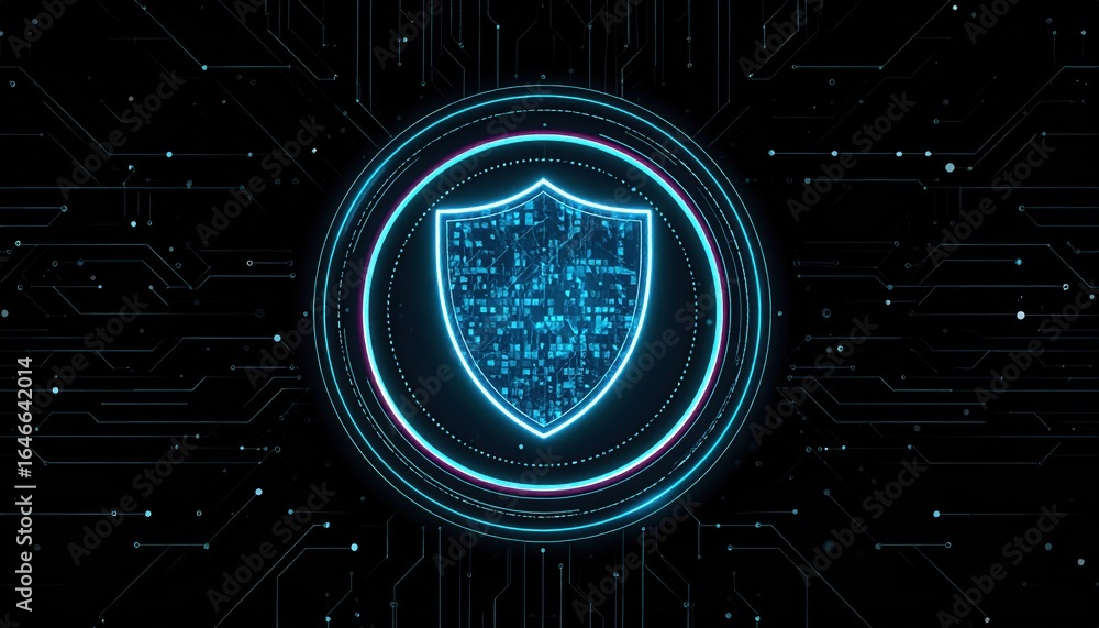 Poster digital shield hologram floating above, glowing energy surrounds futuristic protection for data secu