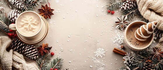 Winter holiday decoration with pine cones, berries, and snow-covered fir branches on a blue background. Christmas and seasonal decor concept. Top down view of pine cones with pastel background. AIG55.