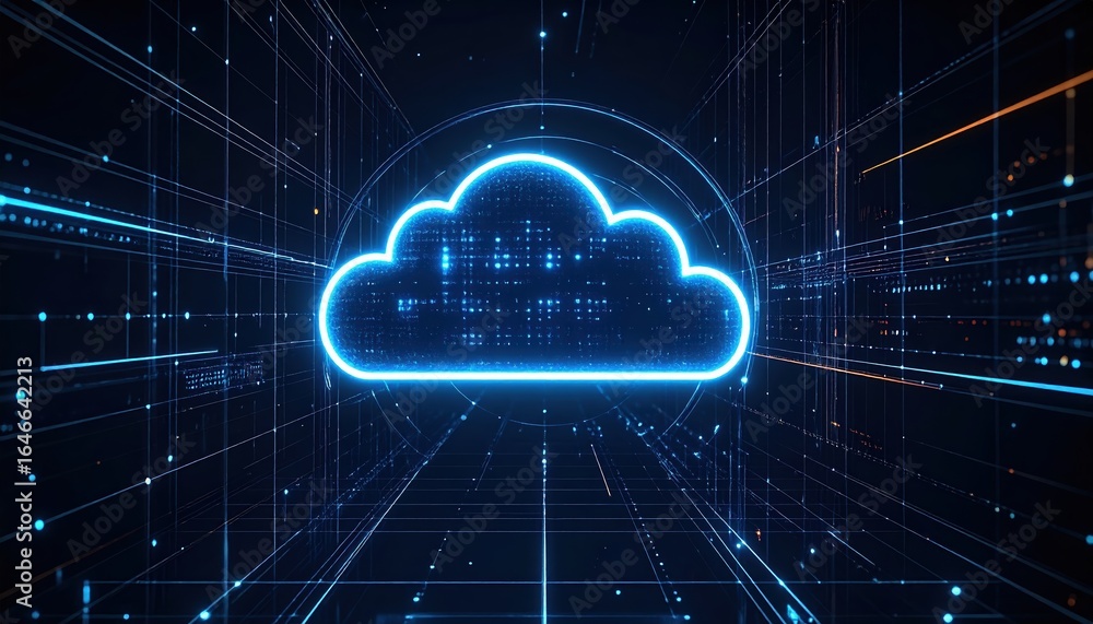 Poster a futuristic digital shield projects a glowing cloud icon, symbolizing advanced technology and secur