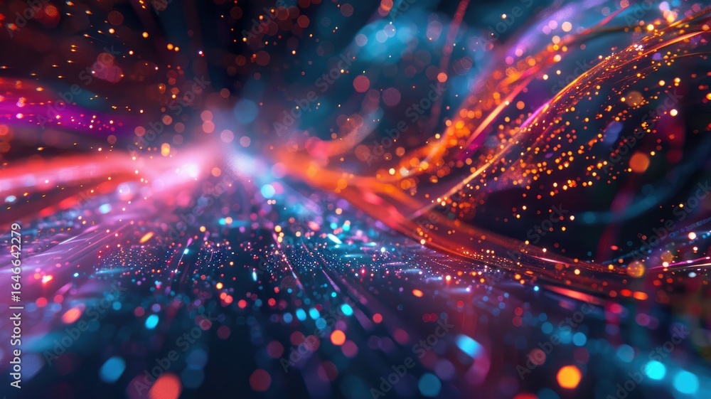 Poster abstract picture micro light sparkling particle represent data flow vivid flowing wave with high tec