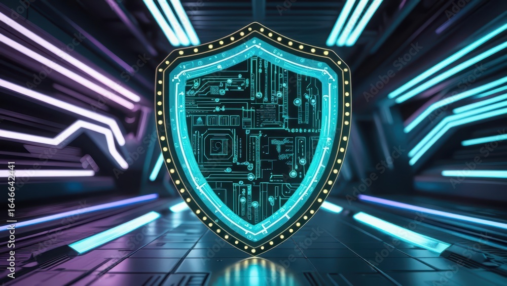 Poster a futuristic holographic shield with radiant edges and em circuit patterns floats mid air, demonstra