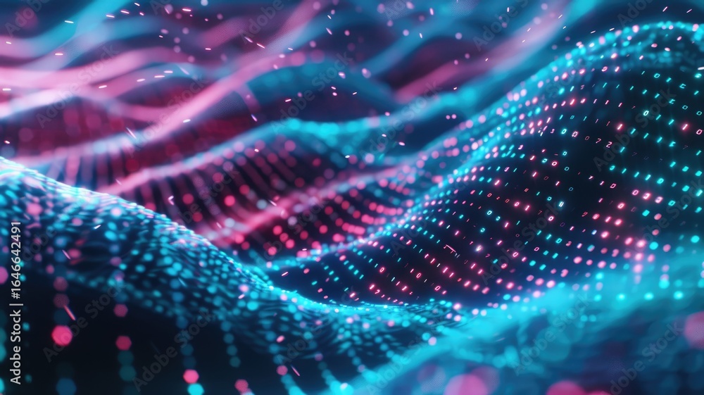 Poster abstract picture micro light sparkling particle represent data flow vivid flowing wave with high tec