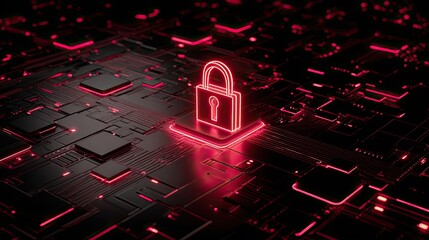 Illuminated neon lock symbol glowing on a dark, intricate circuit board with vibrant red digital energy, symbolizing secure data and cyber protection.
